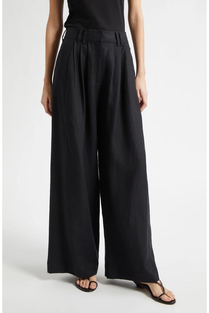 Posse Parker Wide Leg Linen Pants Black Pleated High Rise Elastic Back Womens M